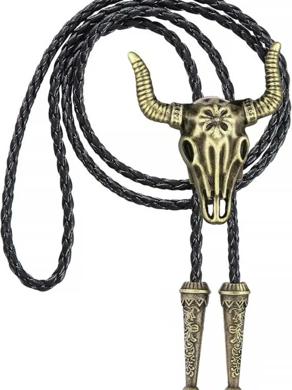 NEW Bolo Tie Rodeo Cowboy Leather Necktie Western Necklace Steer Gold Pendant‎